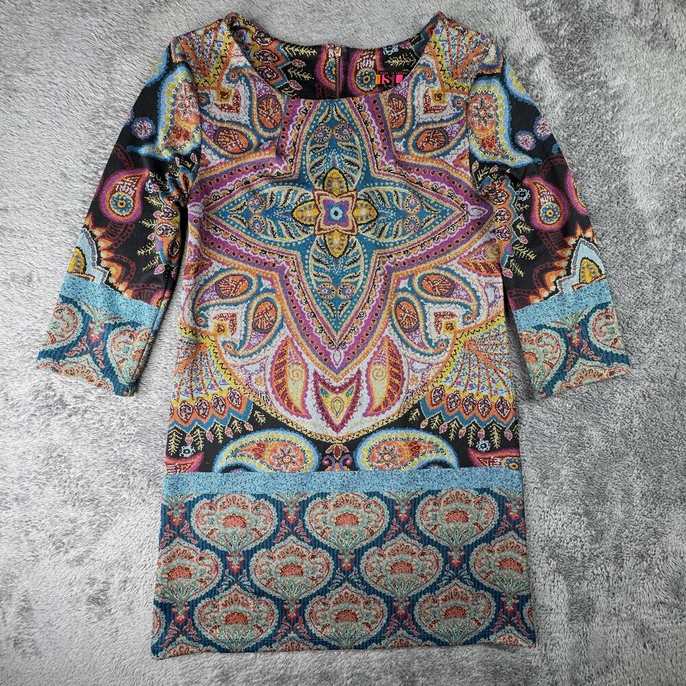 Isle Melis Kozan Psychedelic Paisley Shift Dress 3/4 Sleeve XS Floral Boho Hippi